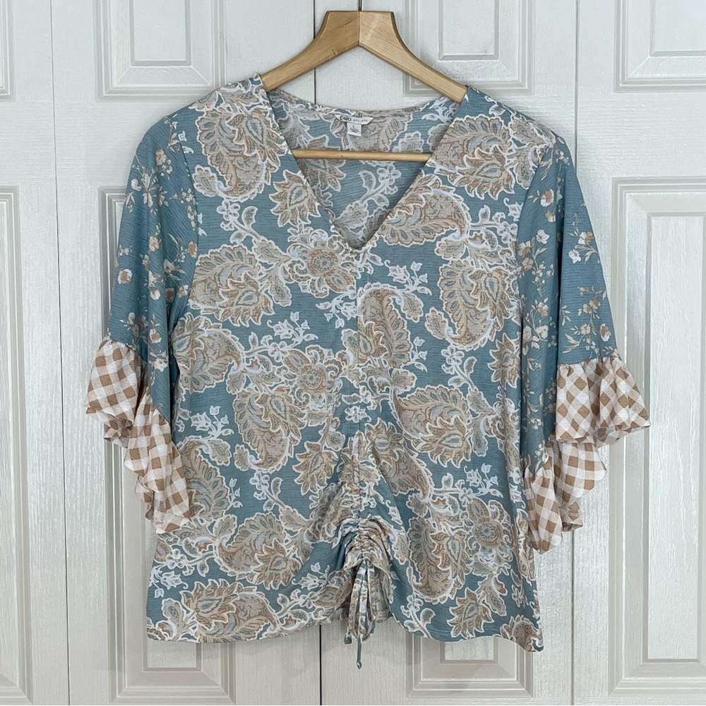 Cato 1948 Paisley Checkered Top Ruffle Sleeves Scrunchy Drawstring Front Size L